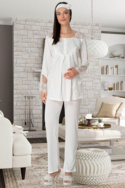 Mecit Pijama Mecit 5353 Maternity Ecru Pajamas and Dressing Gown Set
