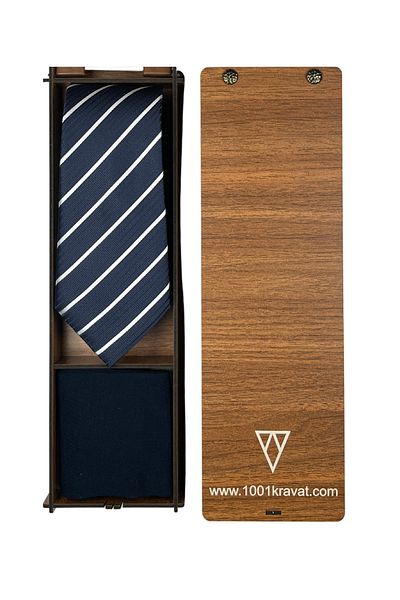 1001 Kravat Men's Gift Set with Wooden Box Classic Navy Blue Tie and Socks