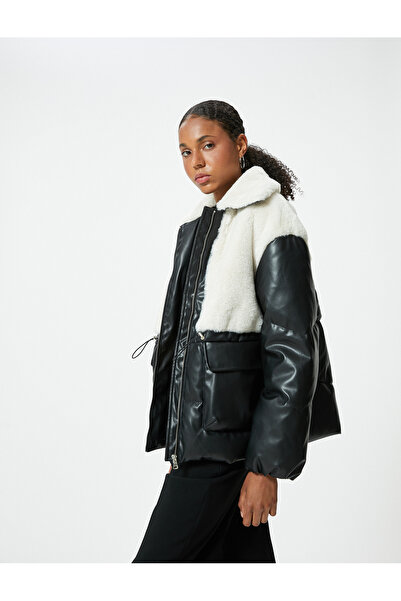 Koton Plüsch Detaillierte Reißverschlusstasche Lederoptik Aufblasbarer Mantel