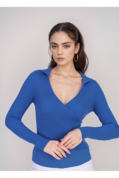 T Guel Women's Saks Blue Double Breasted Collar Stone Knitwear Sweater