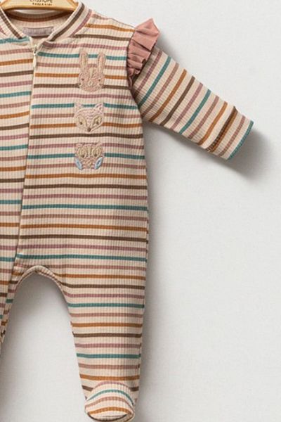 Cassiope Baby Girl Romper with Striped Sleeves, Ruffle Detail, Front Zipper and Booties