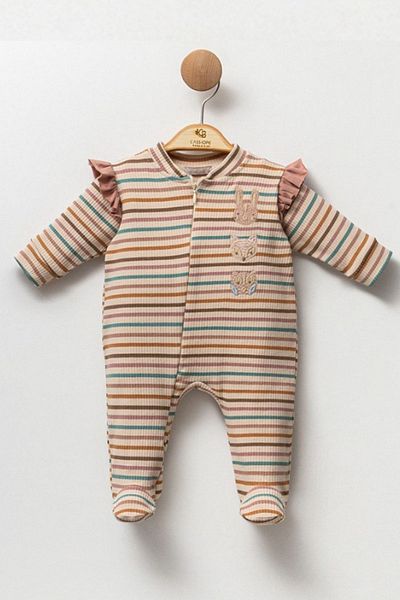 Cassiope Baby Girl Romper with Striped Sleeves, Ruffle Detail, Front Zipper and Booties