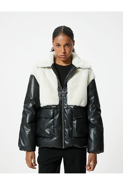 Koton Plush Detailed Leather Look Puffer Jacket with Zippered Pockets