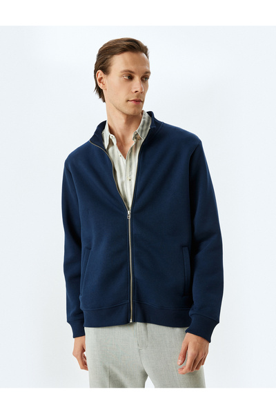 Koton Stand Collar Zippered Long Sleeve Raised Cotton Cardigan - Pocket Detailed