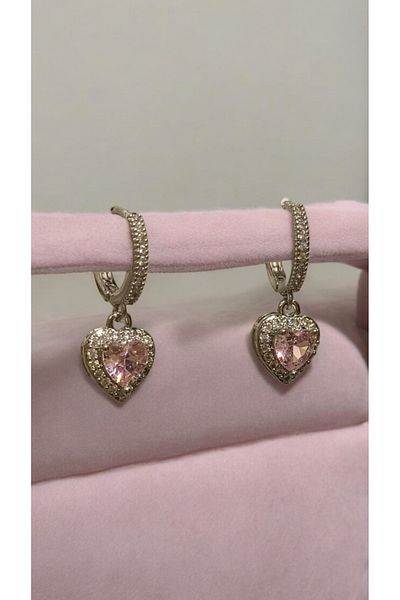 stainles steel Pink Zircon Stone Heart Model Steel Earrings