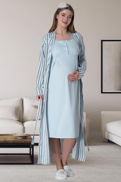 Mecit Pijama Mecit 6006 Maternity Nightgown Set with Blue Striped Long Dressing Gown