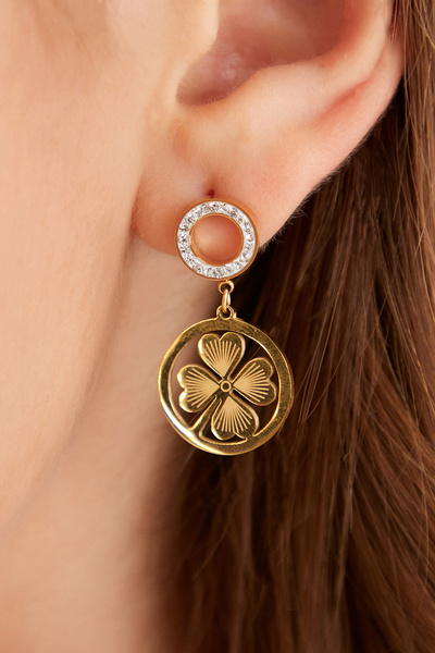 Lina Tia Kadın Yuvarlak Ortası Yonca Figürlü Halka Tasarım Zirkon Taşlı Altın...