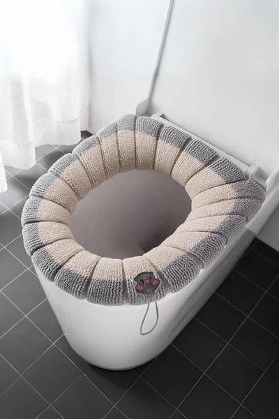 Emmaisie Yumuşak Dokulu Esnek Yıkanılabilir Klozet Kapağı Kılıfı Klozet Örtüsü - Oluklu Desen Krem-Gri