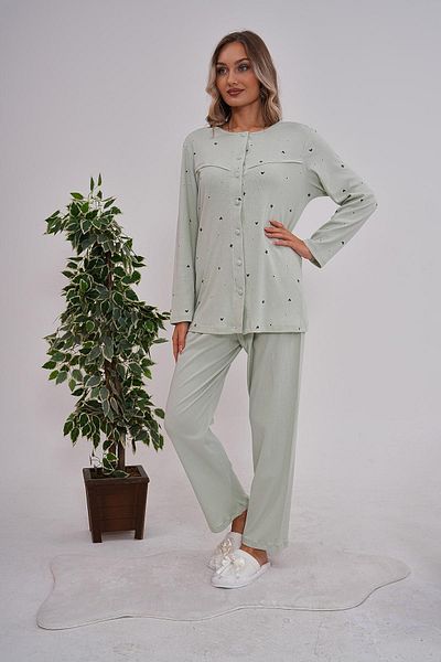 Mecit Pijama Mecit 6151 Σετ Πιτζάμες Πράσινο Φιστίκι με κουμπιά 100% Βαμβάκι Plus Size