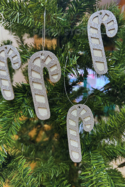 Huzur Party Store Γυαλιστερό Γκρι Ασημένιο Στολίδι - 9 εκ. 4 Τεμάχια Ασημένια Καραμέλα Εύα Μπαστούνια, Χριστουγεννιάτικο Στολίδι Πρωτοχρονιάτικο Πεύκο