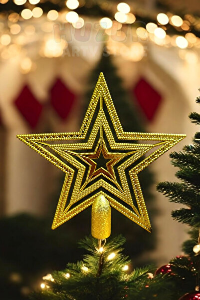 Huzur Party Store Gold Gold Color Tepelik 20 cm Shiny Nested Stars Christmas Pine Tree New Year Tepeliği