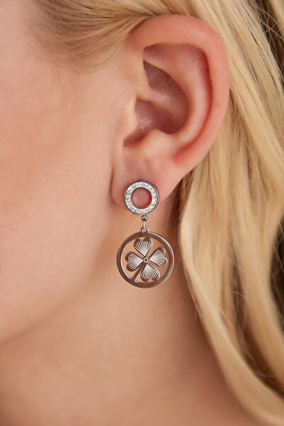 Lina Tia Kadın Yuvarlak Ortası Yonca Figürlü Halka Tasarım Zirkon Taşlı Gümüş...