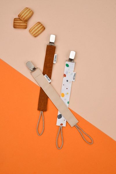 e&f Store set of 3 Certified Cotton Pacifier straps - Brick, Beige, Patterned Baby Pacifier Chain