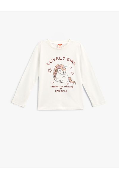 Koton Unicorn Printed Cotton Long Sleeve Crew Neck T-Shirt
