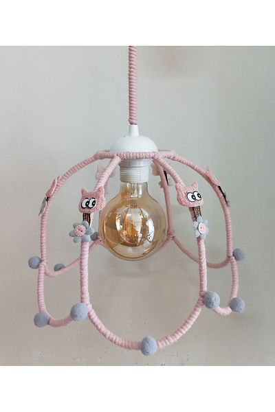 C&A&B KUZEY AVİZE PINK MACROME ROPE WRAPPED DAISY FLOWER AND POMPOM DESIGN BABY GIRL AND CHILDREN'S ROOM PENDANT LIGHT CHANDELIER