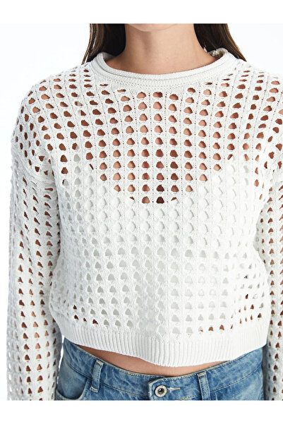 LC Waikiki Xside Ecru Crew Neck Openwork Long Sleeve Women's Knitwear Sweater