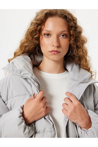 Koton Oversize Inflatable Coat Stand Collar Zippered Pocket Detailed Snap Button