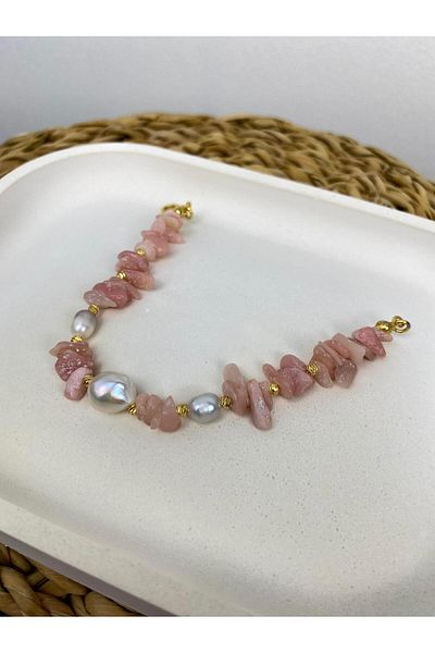 modvina A Quality Genuine Natural Stone Pink Quartz - Real Pearl Bracelet