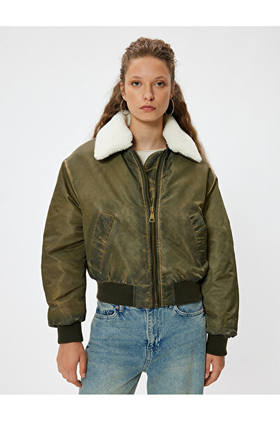Koton Faux Fur Oversize Crop Jacket - Zippered and Washed Pocket Detail