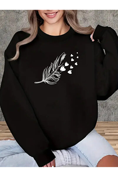 Frisson Κομψό γυναικείο φούτερ με στάμπα καρδιάς και φύλλων, με λαιμόκοψη και...