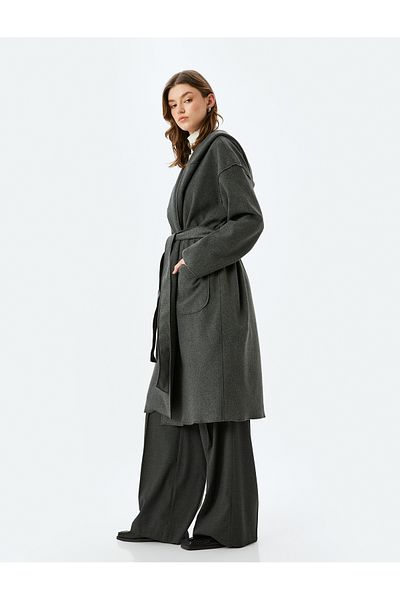 Koton Pocketed Belted Hooded Long Coat