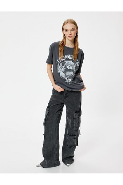 Koton Teddy Bear Printed Oversize Cotton T-Shirt - Crew Neck, Short Sleeve