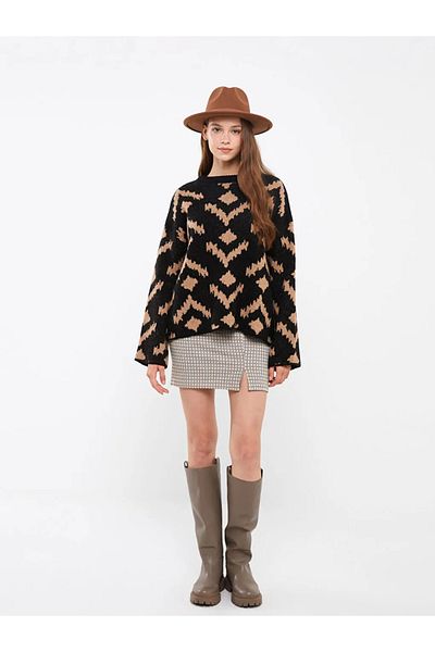 LC Waikiki Pulover de tricotaj pentru femei oversize cu mânecă lungă cu model LCW Vision negru