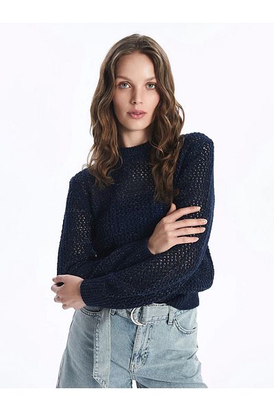 LC Waikiki Lcw Vision Navy Blue Crew Neck Openwork Long Sleeve Women's Knitwear Sweater