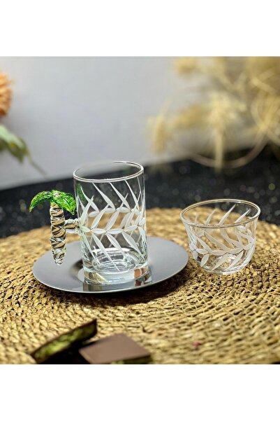 Eslim طقم شاي وقهوة منقوش بنقشة النخيل مكون من 18 قطعة لـ 6 أشخاص - طقم تقديم زجاجي أنيق