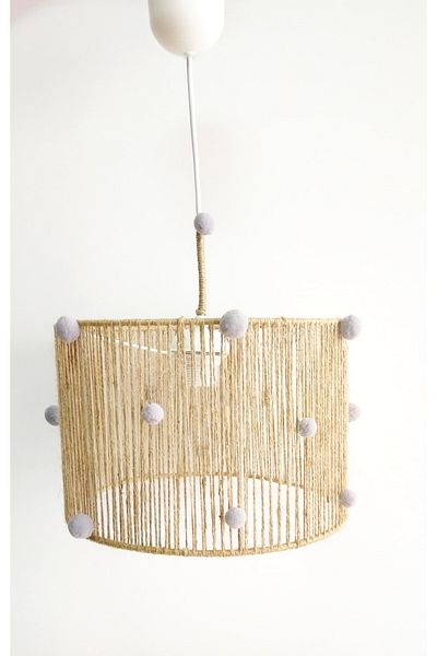 C&A&B KUZEY AVİZE Wicker Rope Wrapped Gray Pompom Baby Boy and Children's Room Pendant Lamp Chandelier