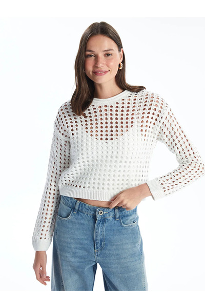 LC Waikiki Xside Ecru Crew Neck Openwork Long Sleeve Women's Knitwear Sweater