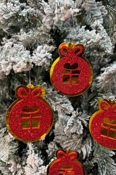 Huzur Party Store Christmas Pine Tree - Red Eva Shiny Gift Package, 8X6.5 Cm, 4 Pieces, Gold Cardboard