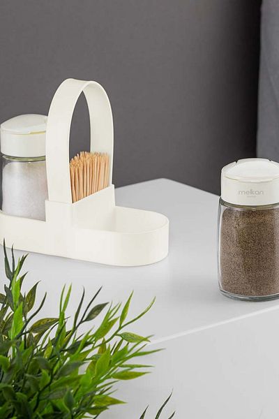 Melkan Home Set of 2 Salt Shakers - White Salt Shaker with Stand, Black Pepper Shaker and Spice Rack Lid