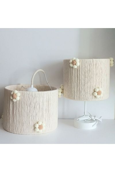 C&A&B KUZEY AVİZE Cylinder Ecru Macrame Rope Wrap with Flower Pompom Baby Girl and Girl's Room Chandelier and Lampshade Set