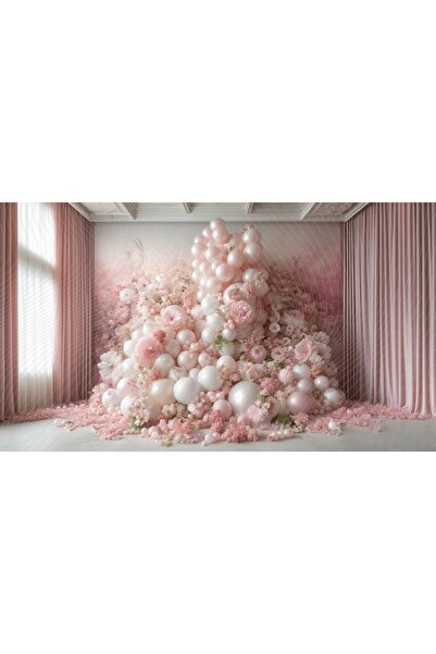 Venspor Pembe Balonlar ve Çiçeklerle Bezenmiş Romantik Stüdyo Arkaplanı - 200...