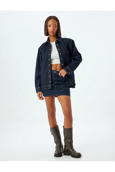 Koton Oversize Denim Shirt - Classic Neckline with Stitching Detail Pocket and Snap Button