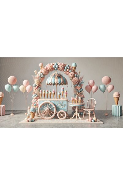 Venspor Pastel Renklerde Dondurma Arabası ve Balonlar ile Şirin Stüdyo Arkapl...