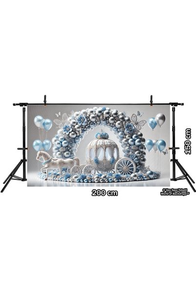 Venspor Horse-drawn carriage themed studio backdrop decorated with silver and blue balloons, 200x150cm, photo background.