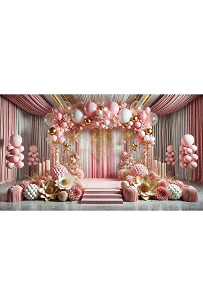 Venspor Büyük Çiçekler ve Balonlar ile Süslenmiş Pembe Stüdyo Arkaplanı - 200...