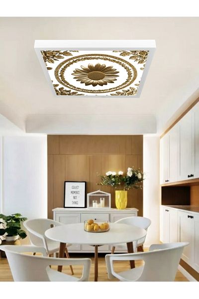 Gökyüzü Panel 60Watt Gold Printed Daisy Led Home Chandelier - 60X60 Led Luminaire, Luxury Led Panel Luminaire, 6400K