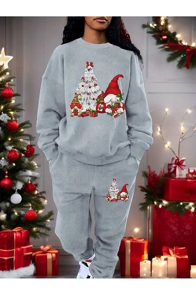 Elfa Tekstil New Year Tree Printed Crew Neck Sweatshirt Tracksuit Bottom Top Set