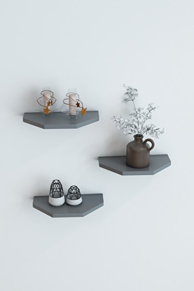 Modalanka 3'lü Dekoratif Şık Duvar Rafı Uçan Raf Gizli Raf Iskandinav Tasarım Modern Kitap Biblo Rafı Antrasit