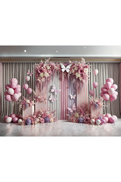 Venspor Pembe ve Mor Çiçekler ve Kelebeklerle Zarif Stüdyo Fonu, 200x150cm Ar...