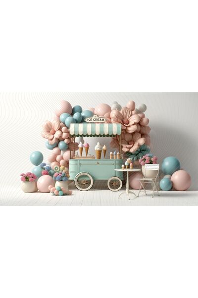 Venspor Pastel Renkli Dondurma Arabası ve Çiçeklerle Bezenmiş Balon Temalı Ar...