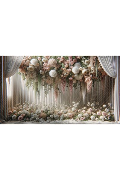 Venspor Pastel Çiçek Düzeni Ve Perdelerle Süslenmiş Arkaplan, 200x150cm Stüdy...