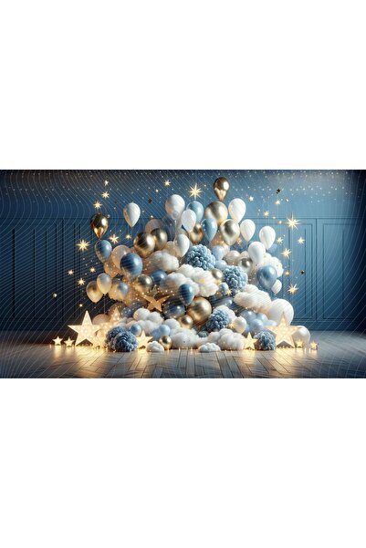 Venspor Yıldızlarla Aydınlatılmış Balonlardan Oluşan Fonu, 200x150cm Renkli S...