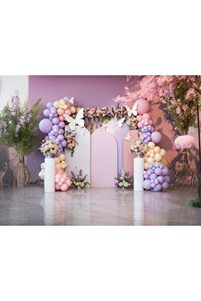 Venspor Pastel Renkli Çiçek ve Balon Dekorlu Stüdyo Fonu Arka Plan - 200x150cm