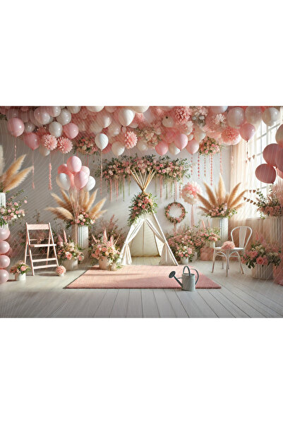 Venspor Pembe Balon Temalı Çiçeklerle Süslenmiş Dekoratif Stüdyo Fonu, 200x15...