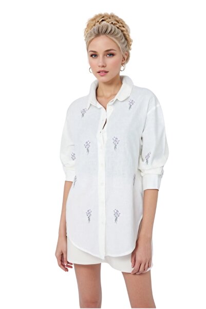Cassime Жіноча сорочка з вишивкою квітів, бавовняна, оверсайз, широкий крій, ткана
