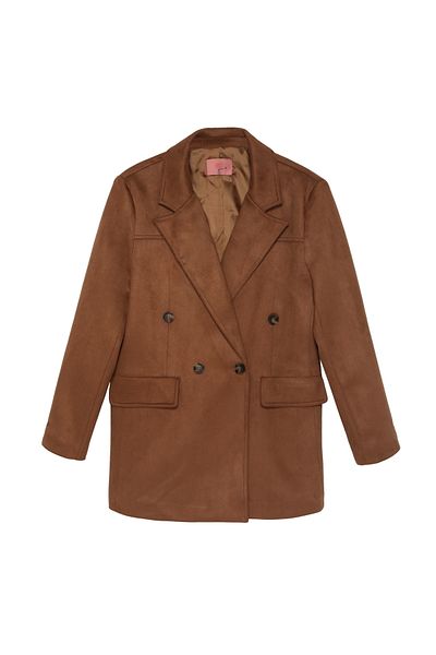 Quzu Tan Suede Blazer - Double Breasted Collar Jacket